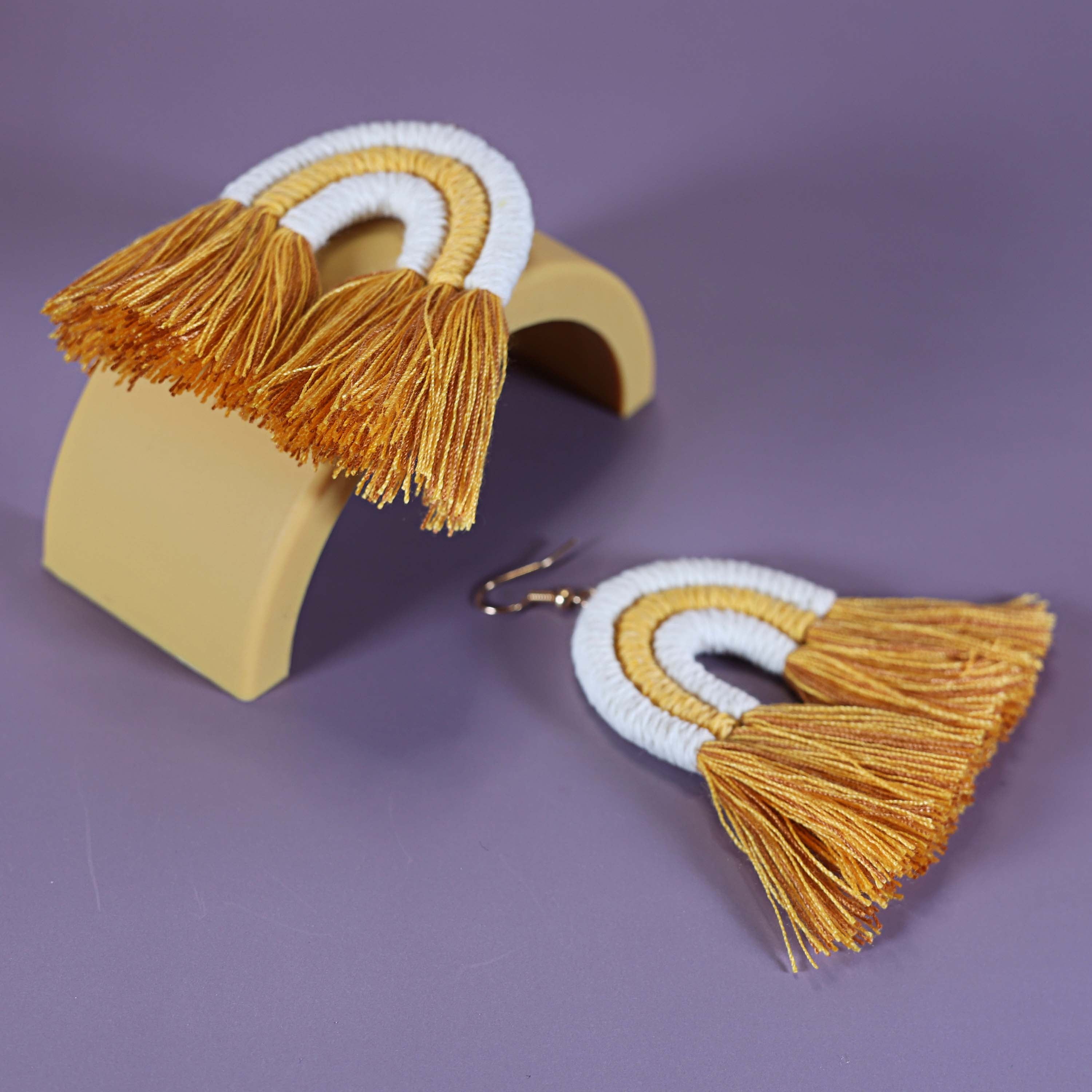 Yellow Woven Arco Tassel Earrings for Women