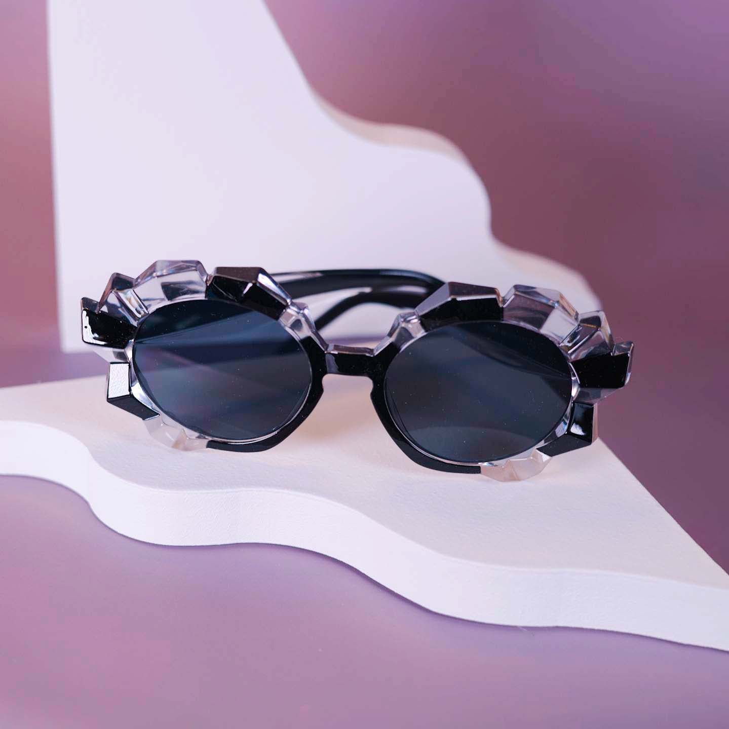 Black Crystal Geode Frame Round Sunglasses