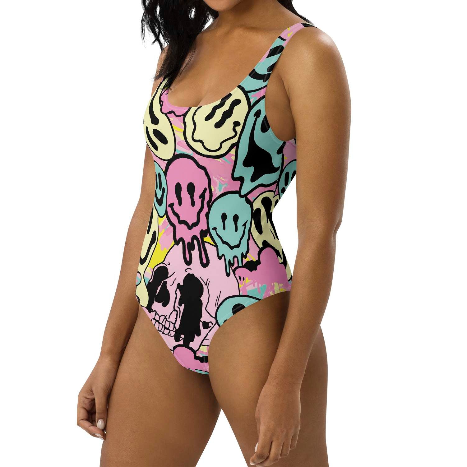Pastel Melted Neon Smiley Print One-Piece Swimsuit