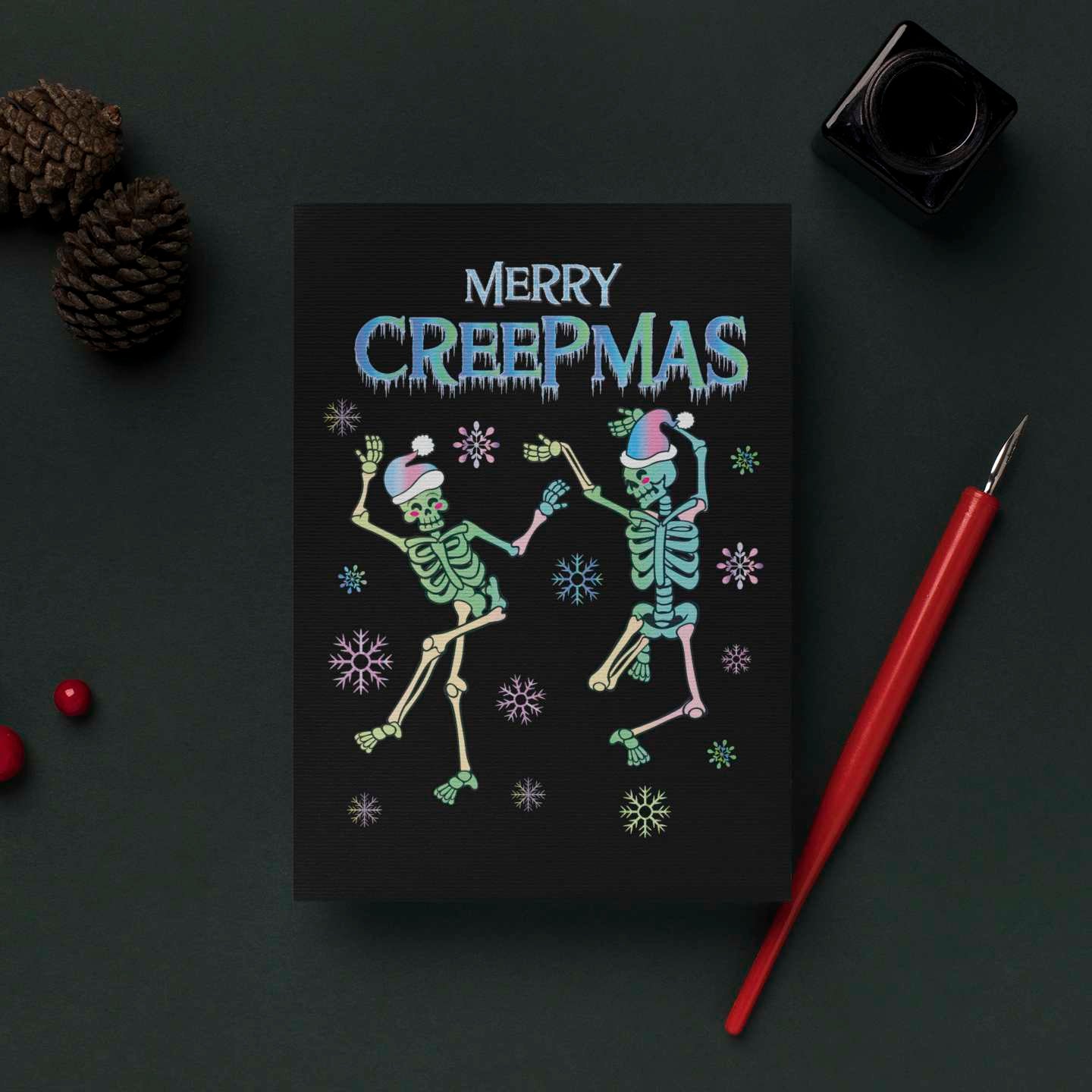 Merry Creepmas Dancing Skeleton Pastel Holiday Greeting Card