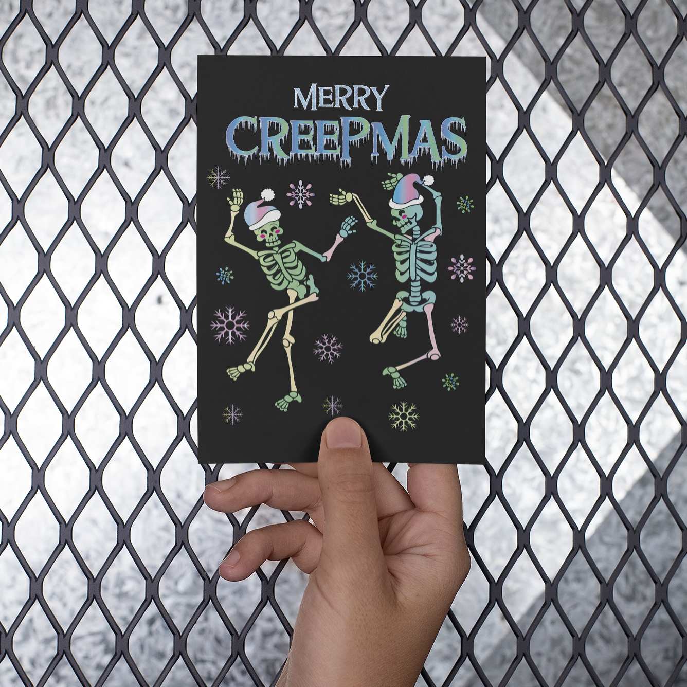 Merry Creepmas Dancing Skeleton Pastel Holiday Greeting Card