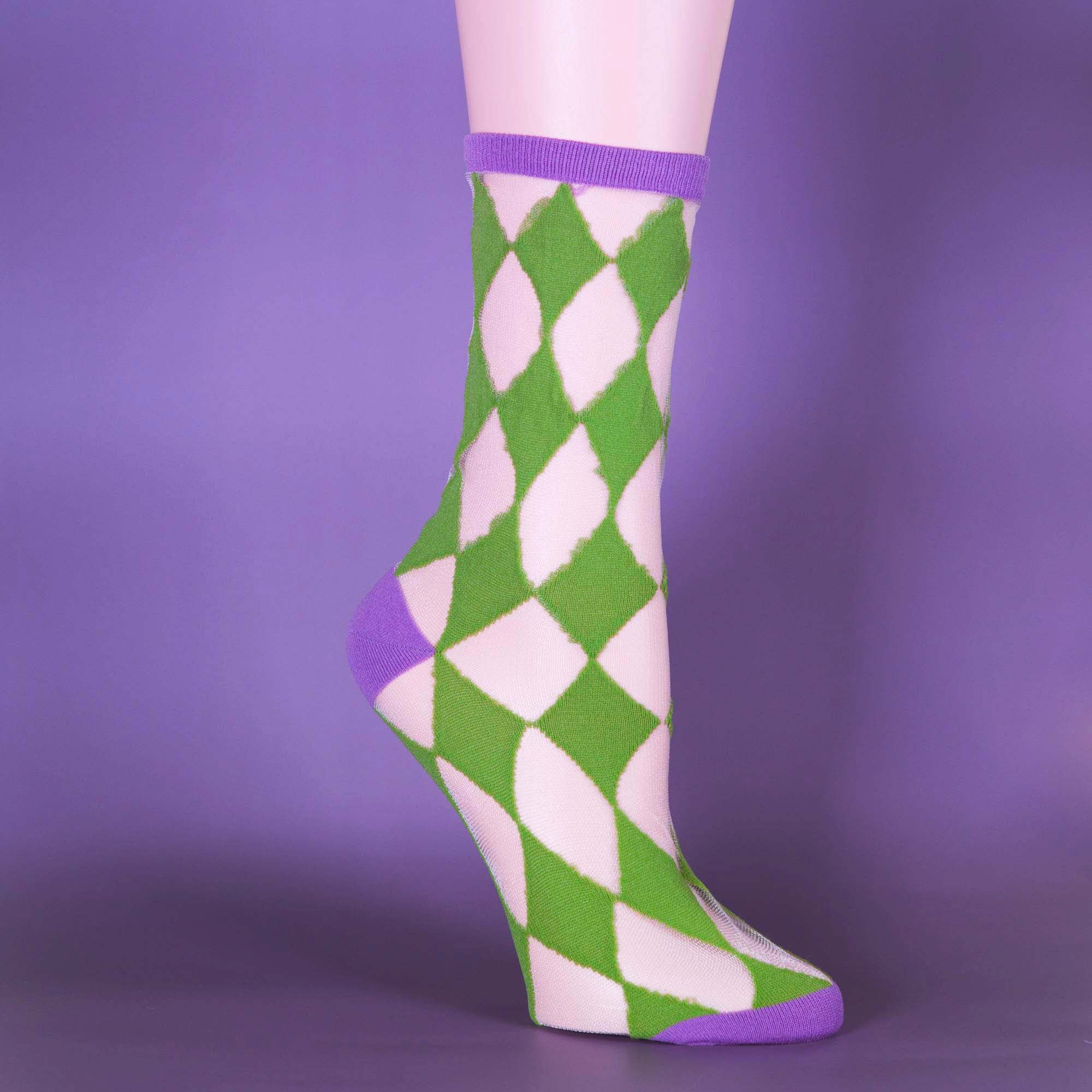 Sheer Purple and Green Argyle Intarsia Socks