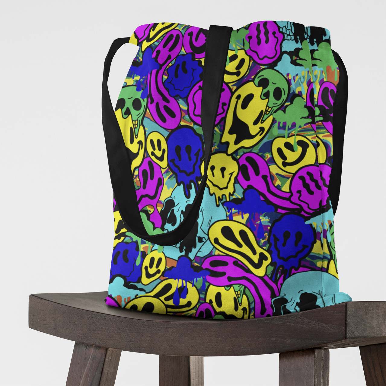 Melted Neon Smiley Print Tote Bag in Blue