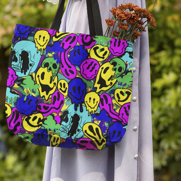 Melted Neon Smiley Print Tote Bag in Blue