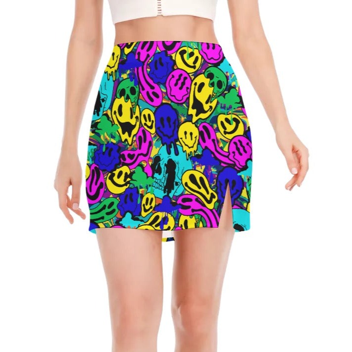 Neon Melted Smiley Print High Waisted Slit Mini Skirt