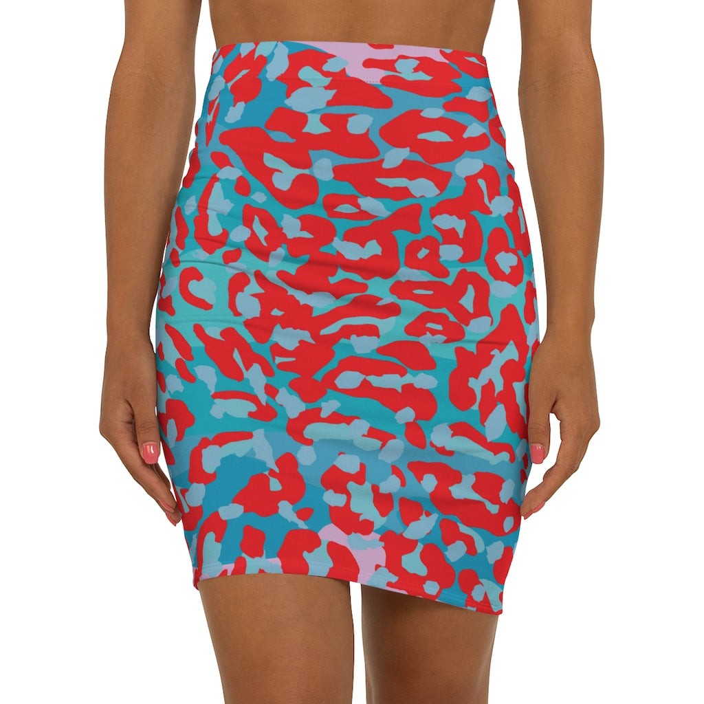 Leopard Mini Skirt in Red and Blue
