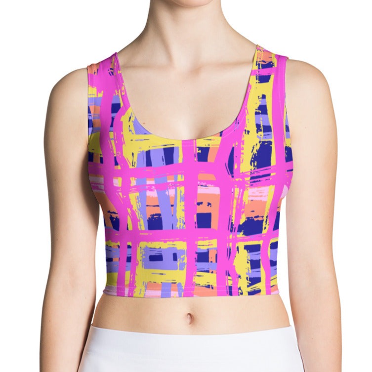 Abstract Grid Print Scoop Neck Crop Top in Neon Pink