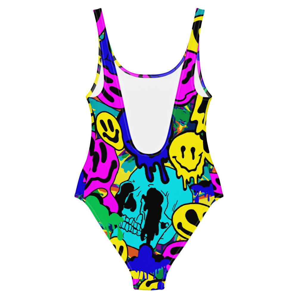 Melted Neon Smiley Print One-Piece Swimsuit