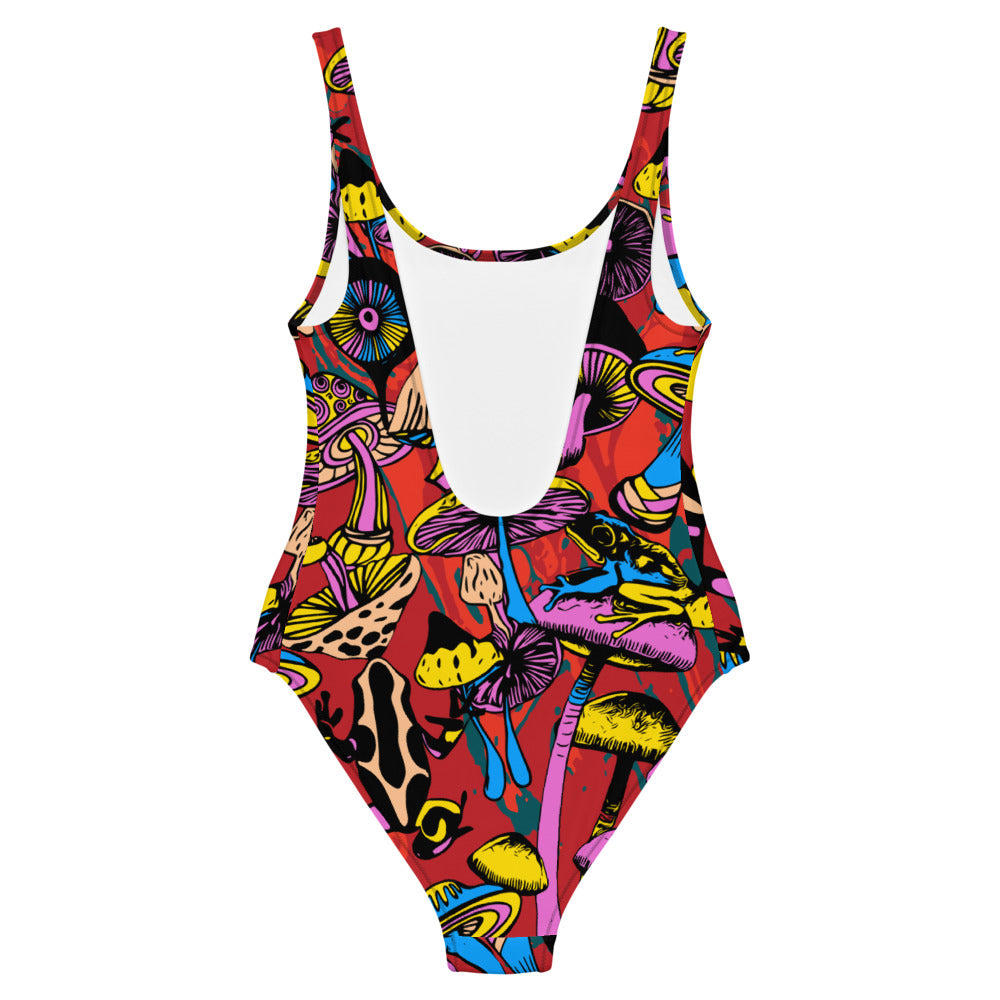Magic Mushrooms and Frogs One-Piece Swimsuit in red