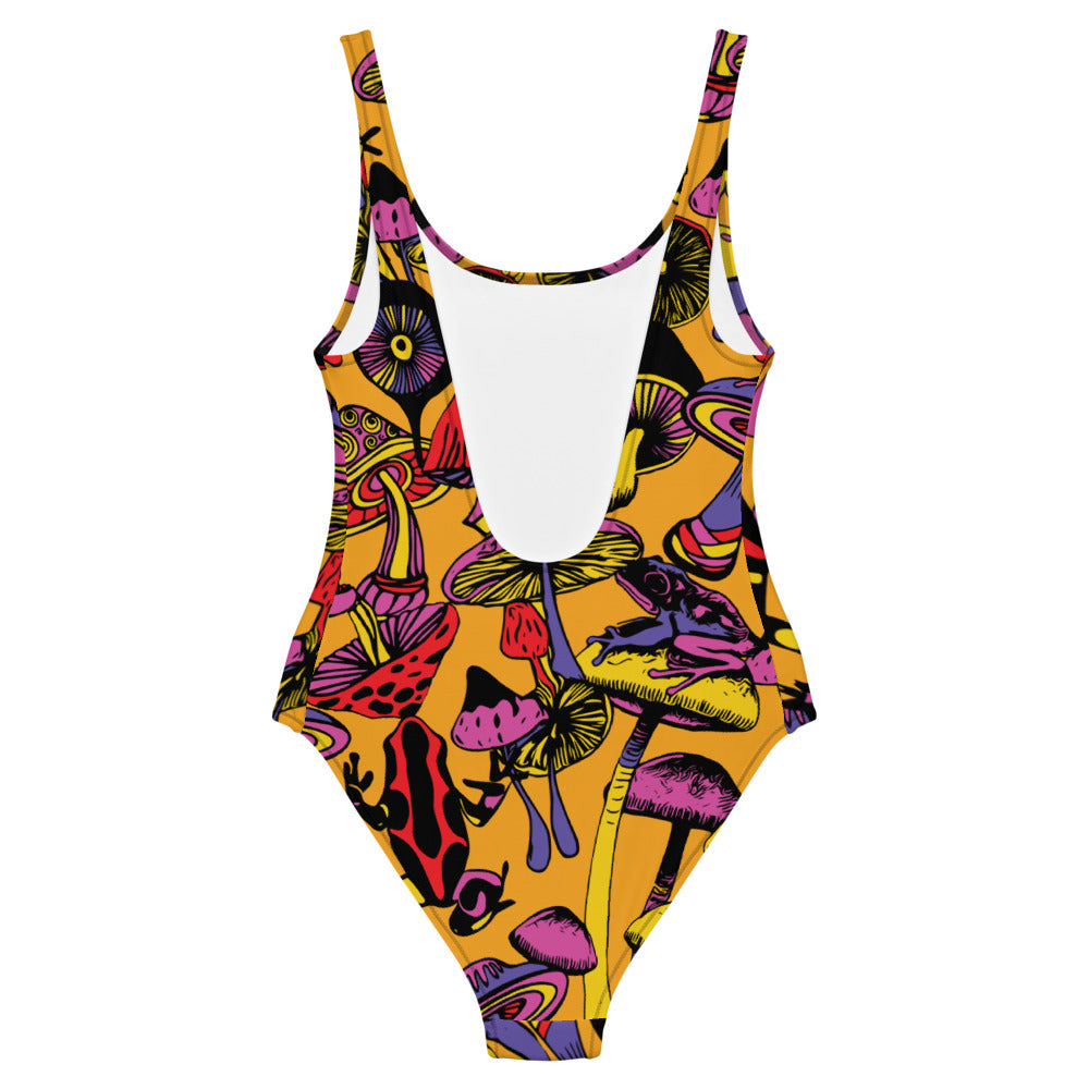 Magic Mushrooms and Frogs One-Piece Swimsuit in Orange