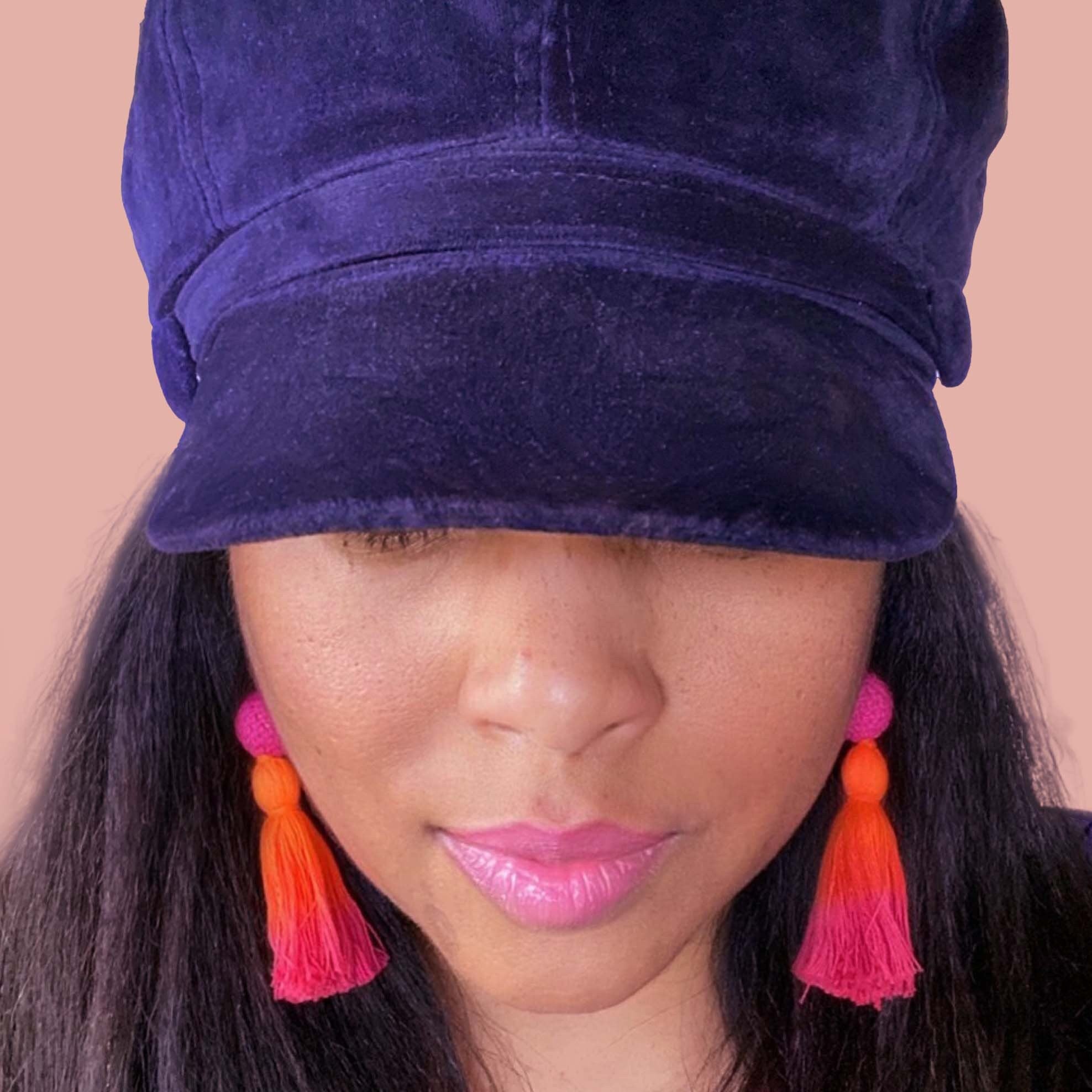 African American Woman with Hat Wearing Statement Tassel Earrings w/ 18K Gold Plated Post, Long Fringe Ombre Earrings, Dangle Earrings for Her, Crochet Earrings, Bohemian Jewelry