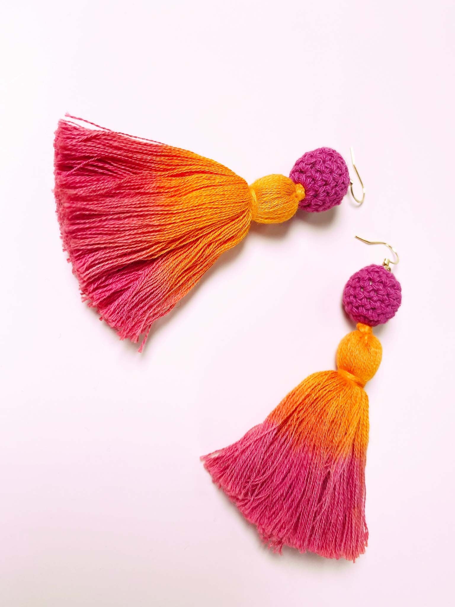Statement Tassel Earrings w/ 18K Gold Plated Post, Long Fringe Ombre Earrings, Dangle Earrings for Her, Crochet Earrings, Bohemian Jewelry