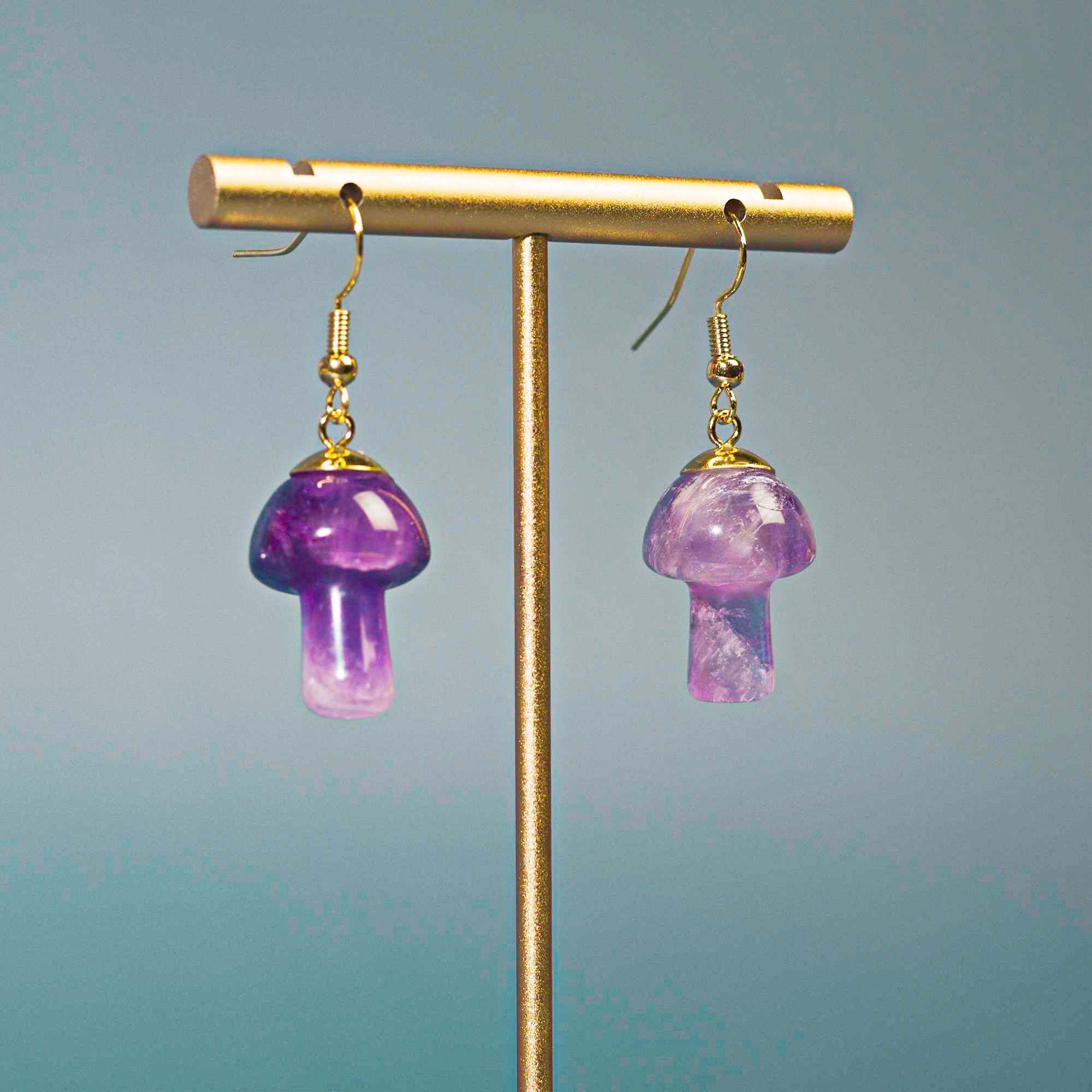 Amethyst Mushroom Earrings, Gold Mushroom Jewelry, Healing Crystal Earrings, Mushroom Dangle Earrings for Her, Cottagecore Jewelry
