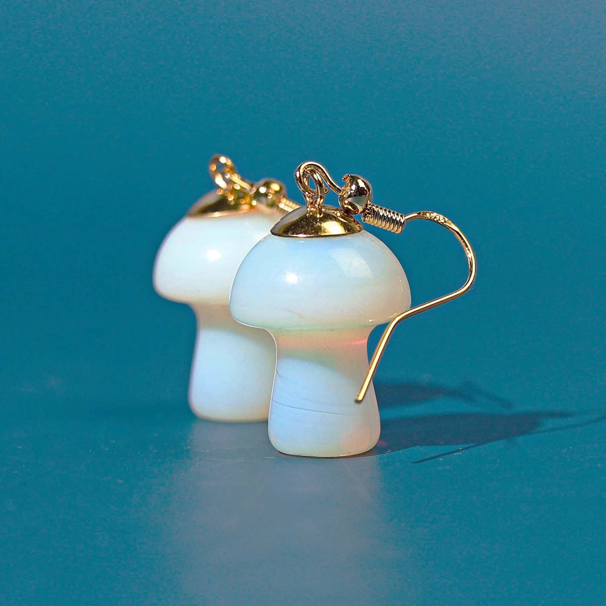 Opal Mushroom Earrings, Gold Mushroom Jewelry, Healing Crystal Earrings, Mushroom Dangle Earrings for Her, Cottagecore Jewelry