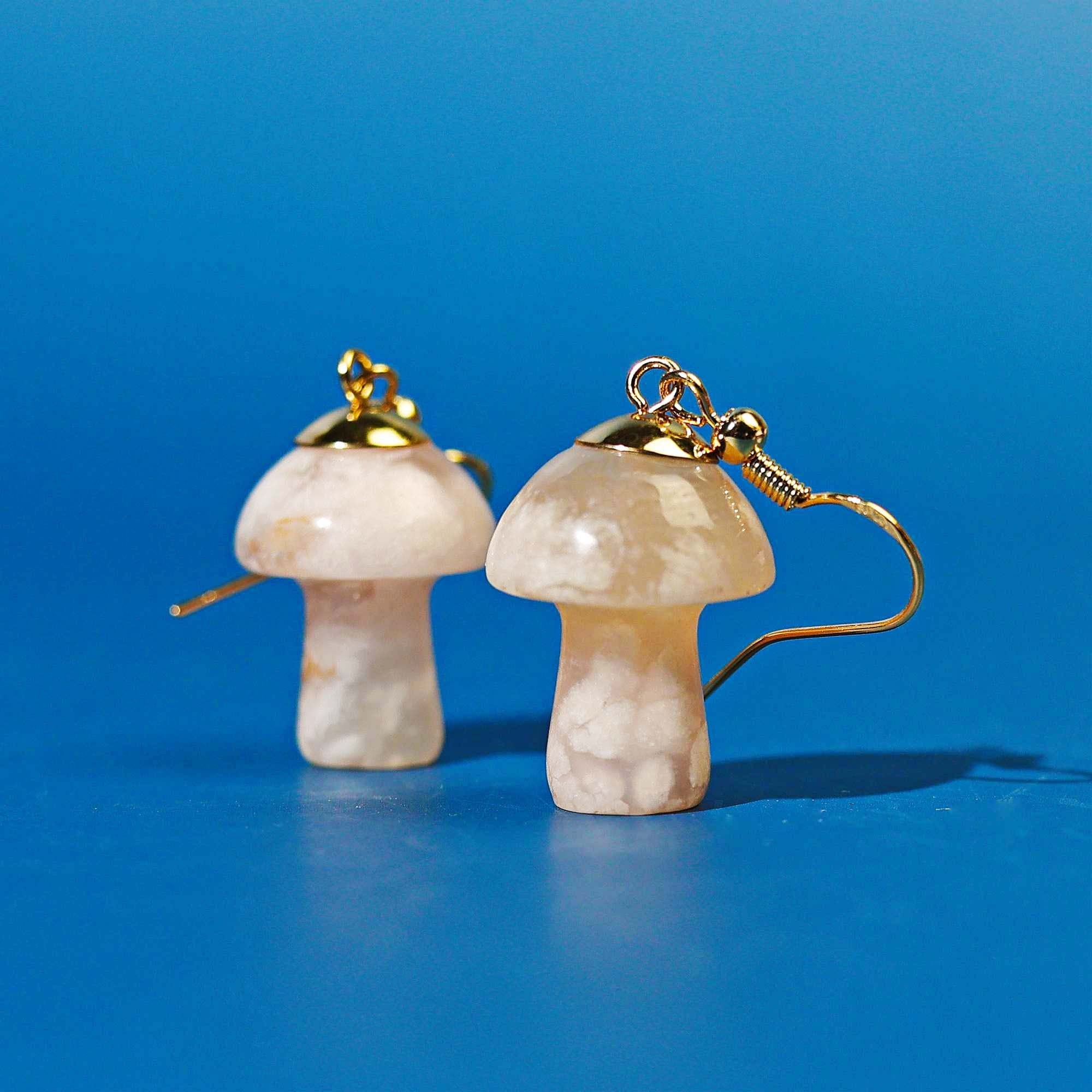 Cherry Blossom Agate Mushroom Earrings, Gold Mushroom Jewelry, Healing Crystal Earring, Sakura Agate Dangle Earring, Cottagecore Jewelry